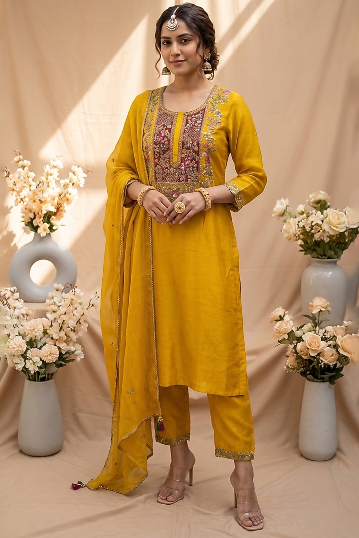 Mustard Yellow Chanderi Resham Embroidered Kurta Set by Mandira Wirk - Indian at Pernia's Pop Up Shop