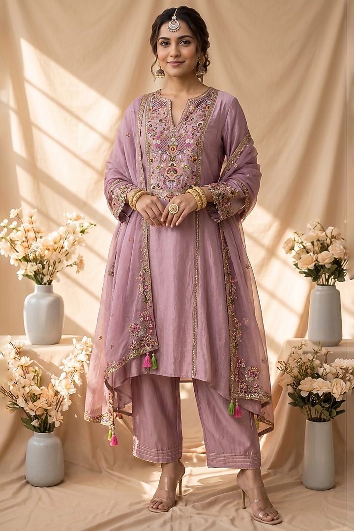 Lilac Chanderi Resham Embroidered Kurta Set by Mandira Wirk - Indian at Pernia's Pop Up Shop