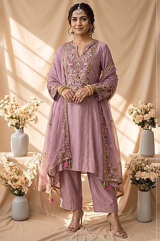 Lilac Chanderi Resham Embroidered Kurta Set by mandira wirk - indian