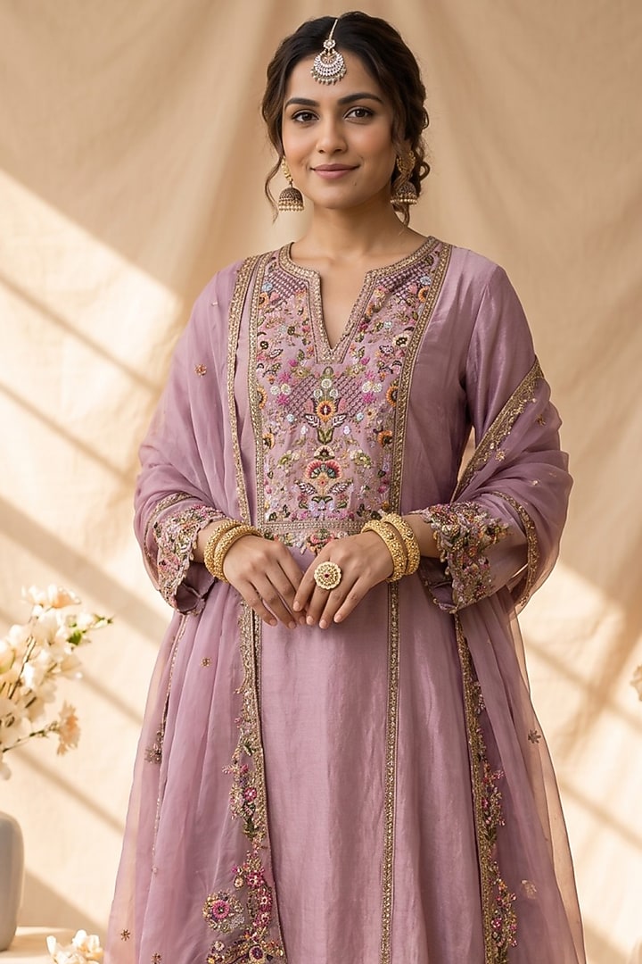 Lilac Chanderi Resham Embroidered Kurta Set by Mandira Wirk - Indian at Pernia's Pop Up Shop