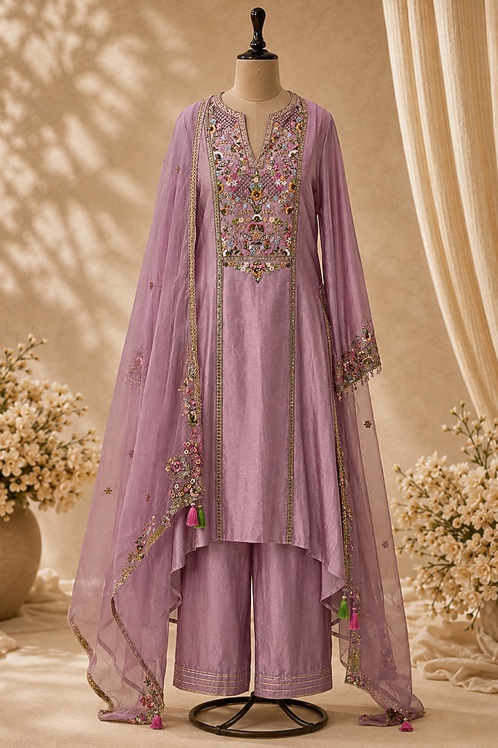 Lilac Chanderi Resham Embroidered Kurta Set by Mandira Wirk - Indian at Pernia's Pop Up Shop