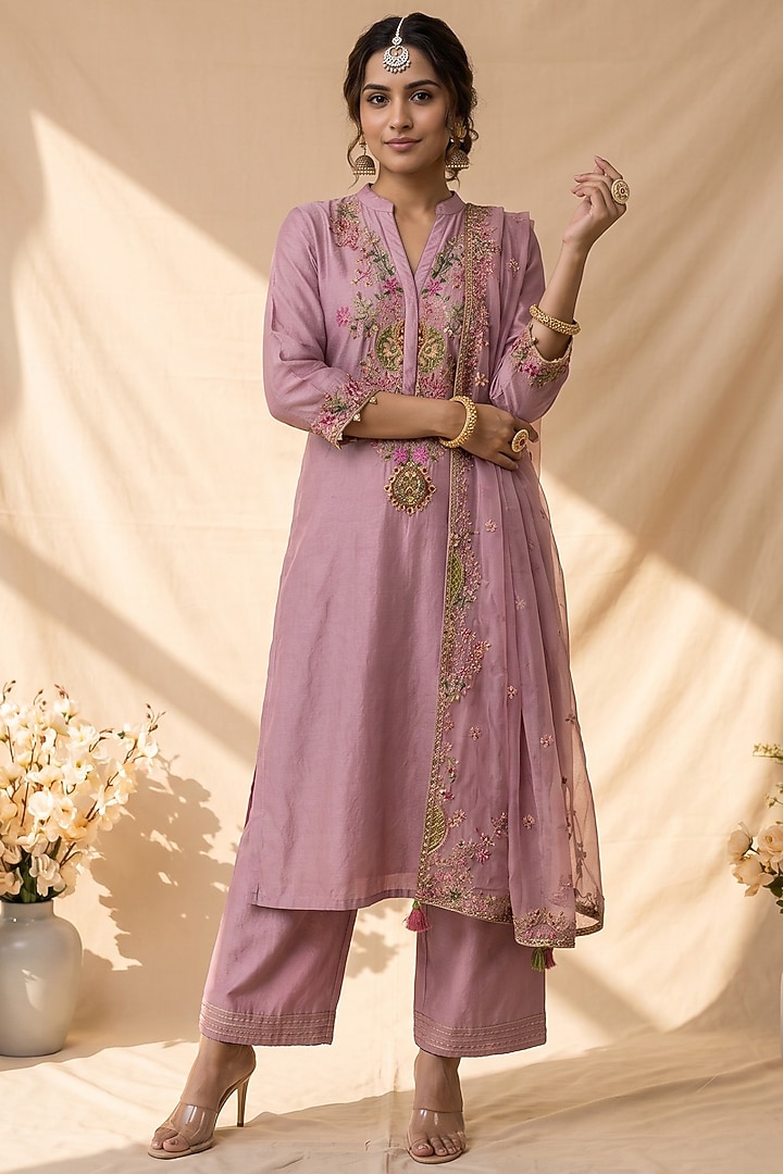 Lilac Chanderi Resham Embroidered Kurta Set by Mandira Wirk - Indian at Pernia's Pop Up Shop