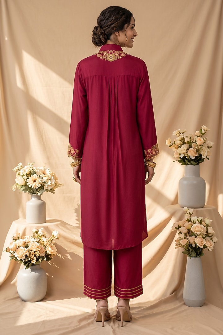 Dark Pink Chanderi Resham Embroidered Kurta Set by Mandira Wirk - Indian at Pernia's Pop Up Shop