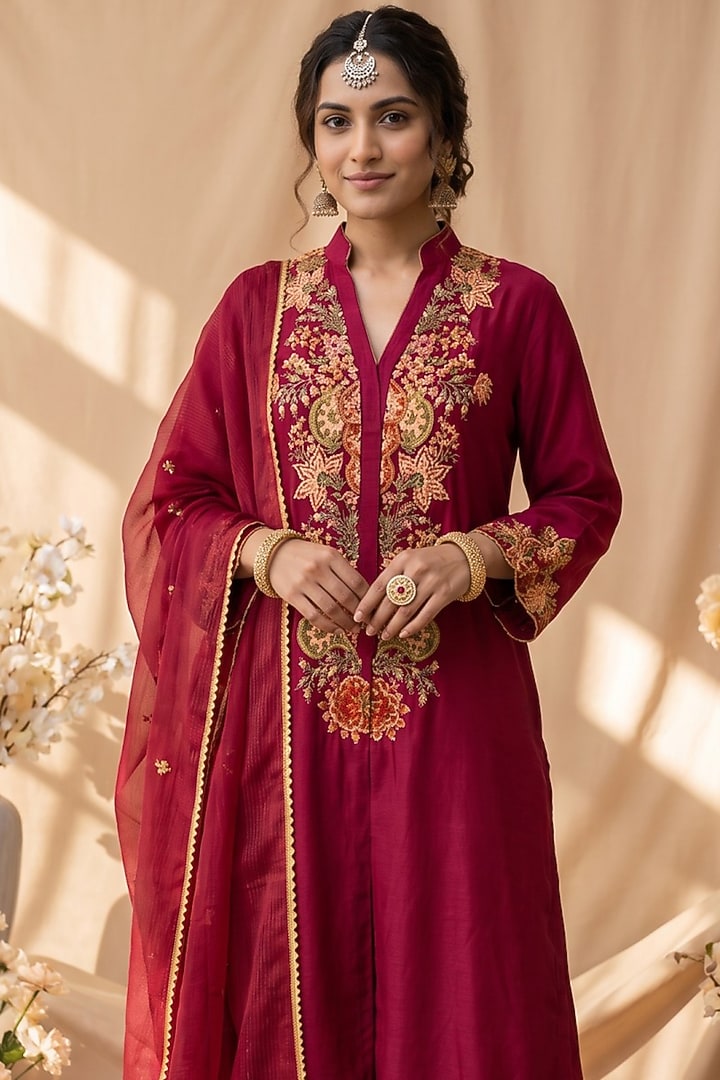 Dark Pink Chanderi Resham Embroidered Kurta Set by Mandira Wirk - Indian at Pernia's Pop Up Shop