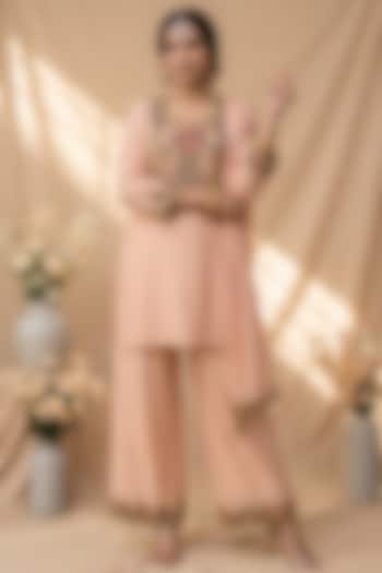 Baby Pink Chanderi Resham Embroidered Kurta Set by Mandira Wirk - Indian at Pernia's Pop Up Shop