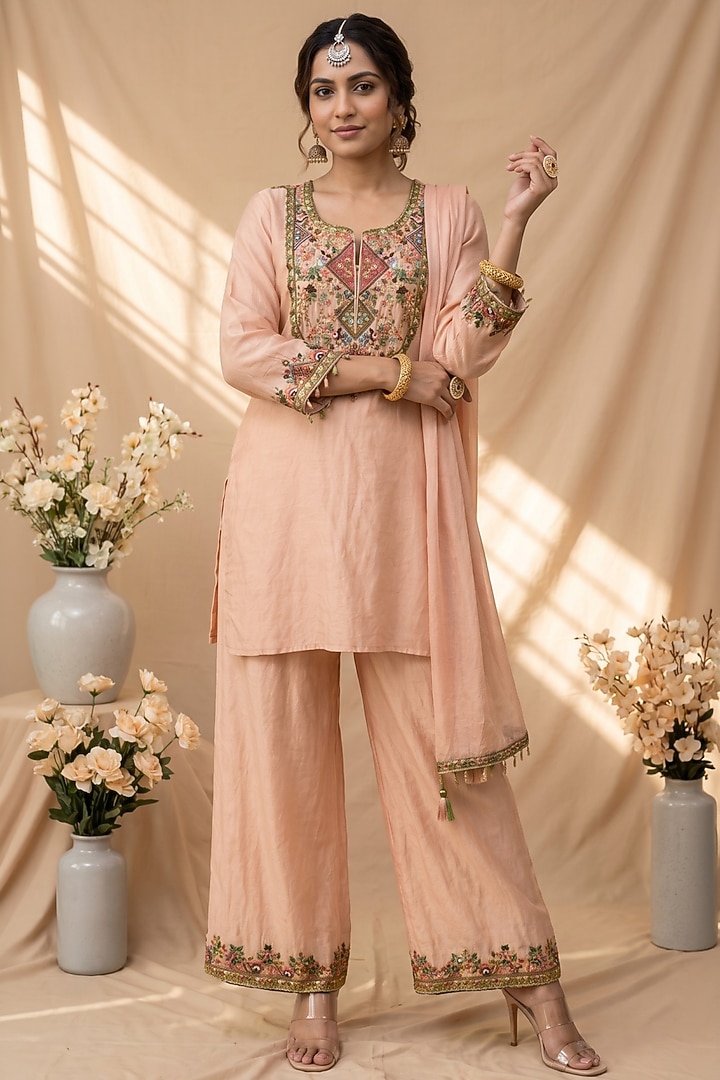 Baby Pink Chanderi Resham Embroidered Kurta Set by Mandira Wirk - Indian at Pernia's Pop Up Shop