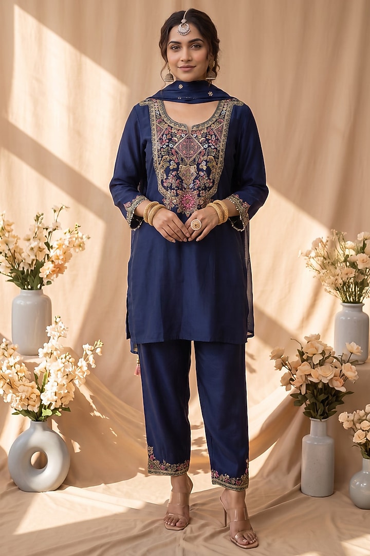 Navy Blue Chanderi Resham Embroidered Kurta Set by Mandira Wirk - Indian at Pernia's Pop Up Shop