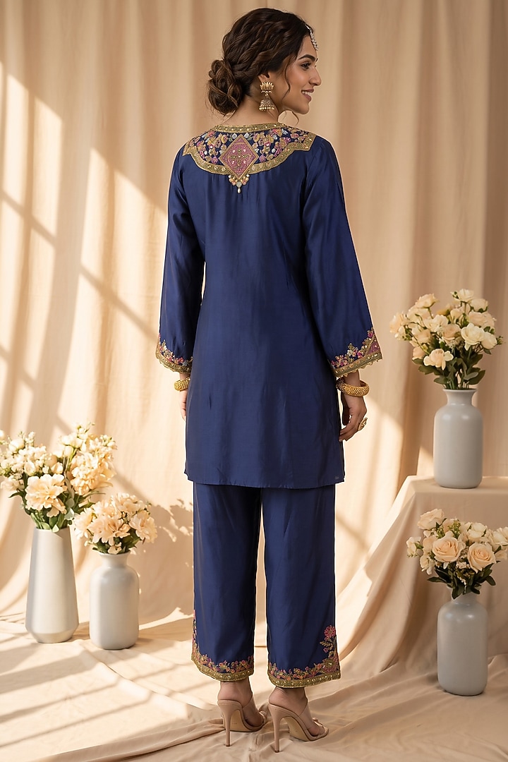 Navy Blue Chanderi Resham Embroidered Kurta Set by Mandira Wirk - Indian at Pernia's Pop Up Shop