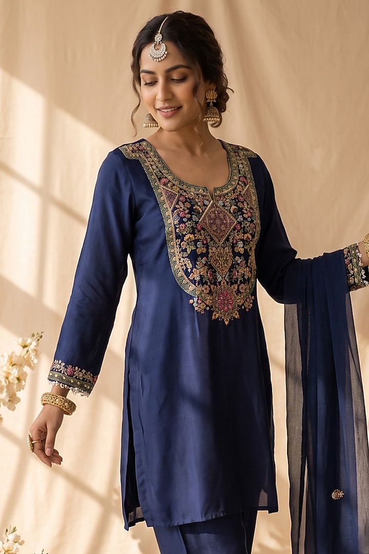 Navy Blue Chanderi Resham Embroidered Kurta Set by Mandira Wirk - Indian at Pernia's Pop Up Shop
