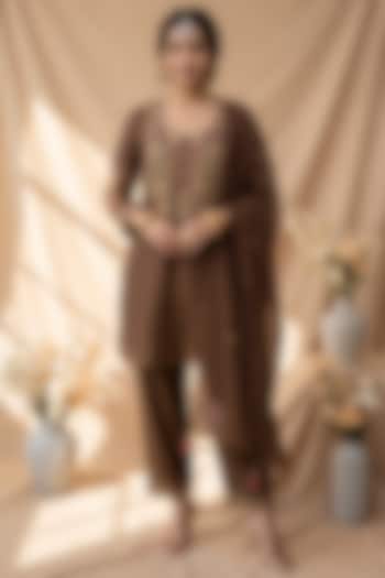 Mocha Brown Chanderi Resham Embroidered Kurta Set by Mandira Wirk - Indian at Pernia's Pop Up Shop