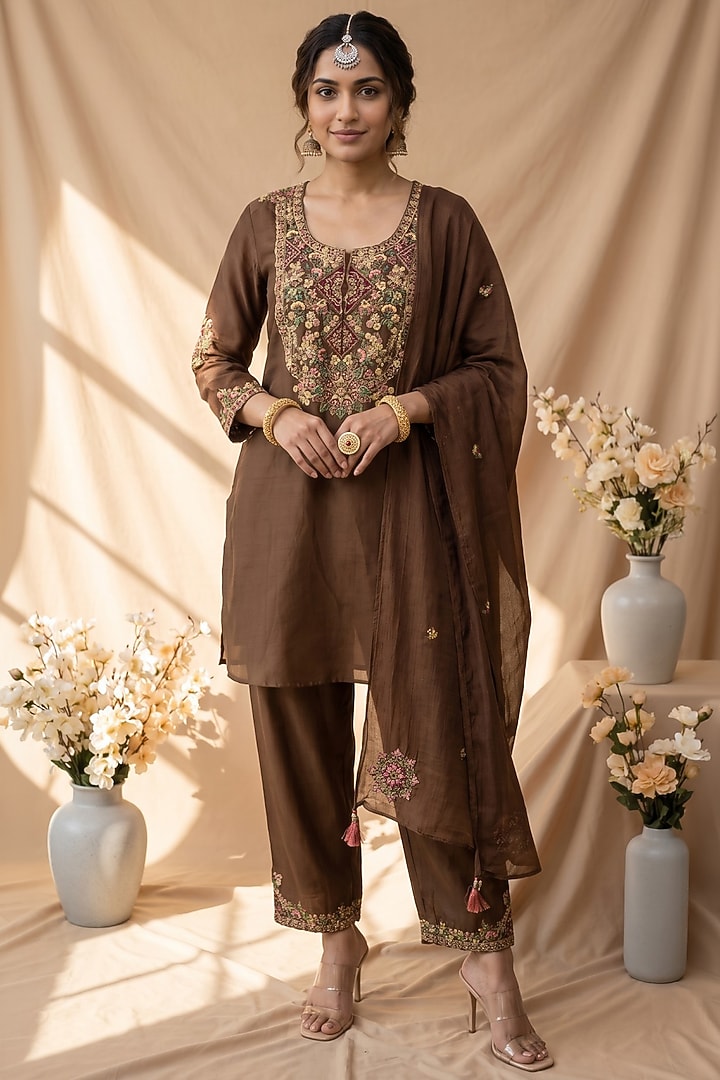 Mocha Brown Chanderi Resham Embroidered Kurta Set by Mandira Wirk - Indian at Pernia's Pop Up Shop