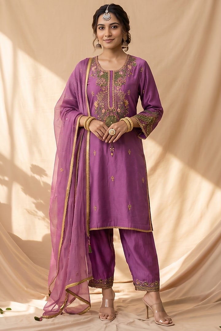 Mulberry Chanderi Resham Embroidered Kurta Set by Mandira Wirk - Indian at Pernia's Pop Up Shop