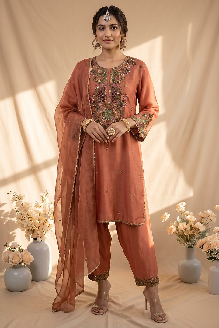 Dark Peach Chanderi Resham Embroidered Kurta Set by Mandira Wirk - Indian at Pernia's Pop Up Shop