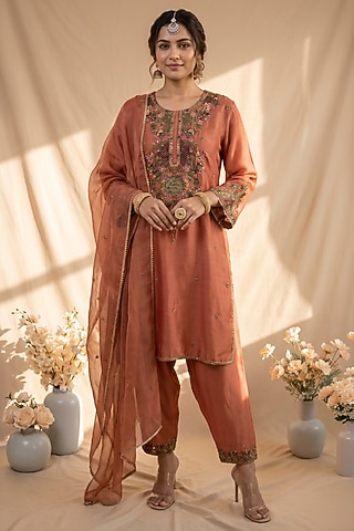 Dark Peach Chanderi Resham Embroidered Kurta Set by mandira wirk - indian