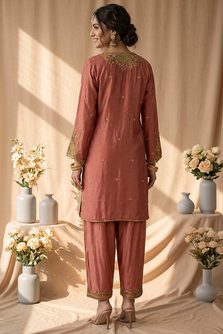 Dark Peach Chanderi Resham Embroidered Kurta Set by Mandira Wirk - Indian at Pernia's Pop Up Shop