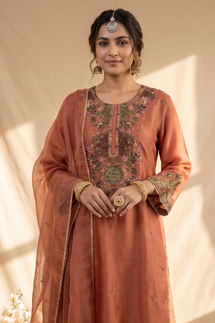 Dark Peach Chanderi Resham Embroidered Kurta Set by Mandira Wirk - Indian at Pernia's Pop Up Shop