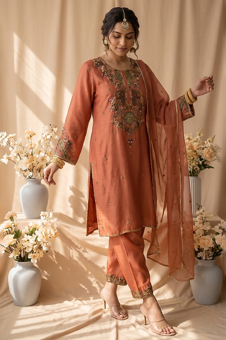 Dark Peach Chanderi Resham Embroidered Kurta Set by Mandira Wirk - Indian at Pernia's Pop Up Shop