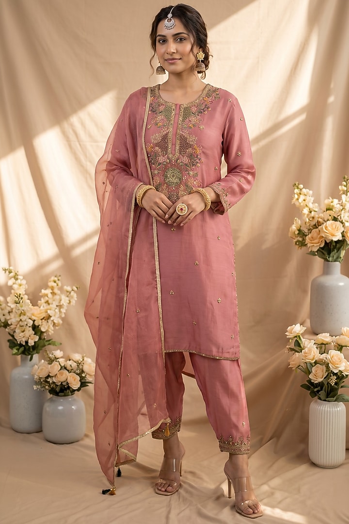 Dusky Rose Chanderi Resham Embroidered Kurta Set by Mandira Wirk - Indian at Pernia's Pop Up Shop