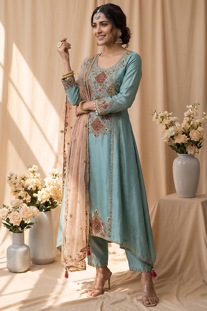 Aqua Chanderi Resham Embroidered Kurta Set by Mandira Wirk - Indian at Pernia's Pop Up Shop