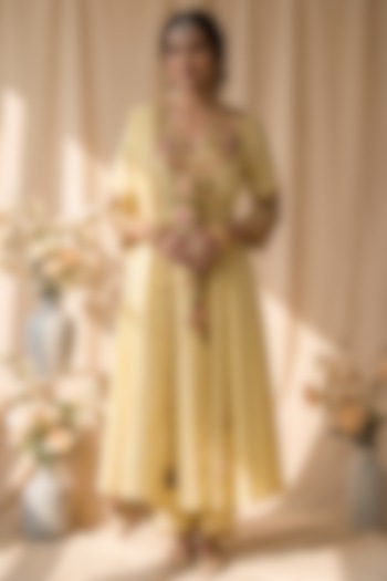 Butter Yellow Chanderi Embroidered Angrakha Set by Mandira Wirk - Indian at Pernia's Pop Up Shop