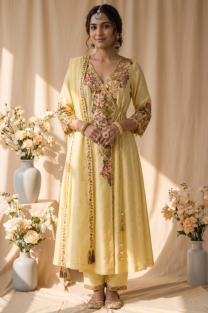 Butter Yellow Chanderi Embroidered Angrakha Set by Mandira Wirk - Indian at Pernia's Pop Up Shop