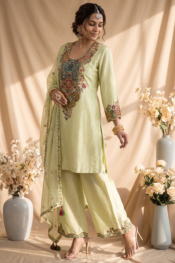 Butter Yellow Chanderi Resham Embroidered Kurta Set by Mandira Wirk - Indian at Pernia's Pop Up Shop