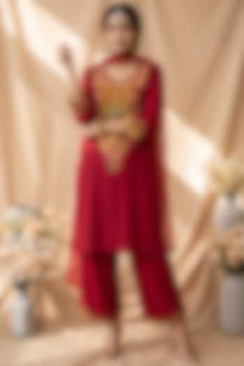 Red Chanderi Resham Embroidered Kurta Set by Mandira Wirk - Indian at Pernia's Pop Up Shop