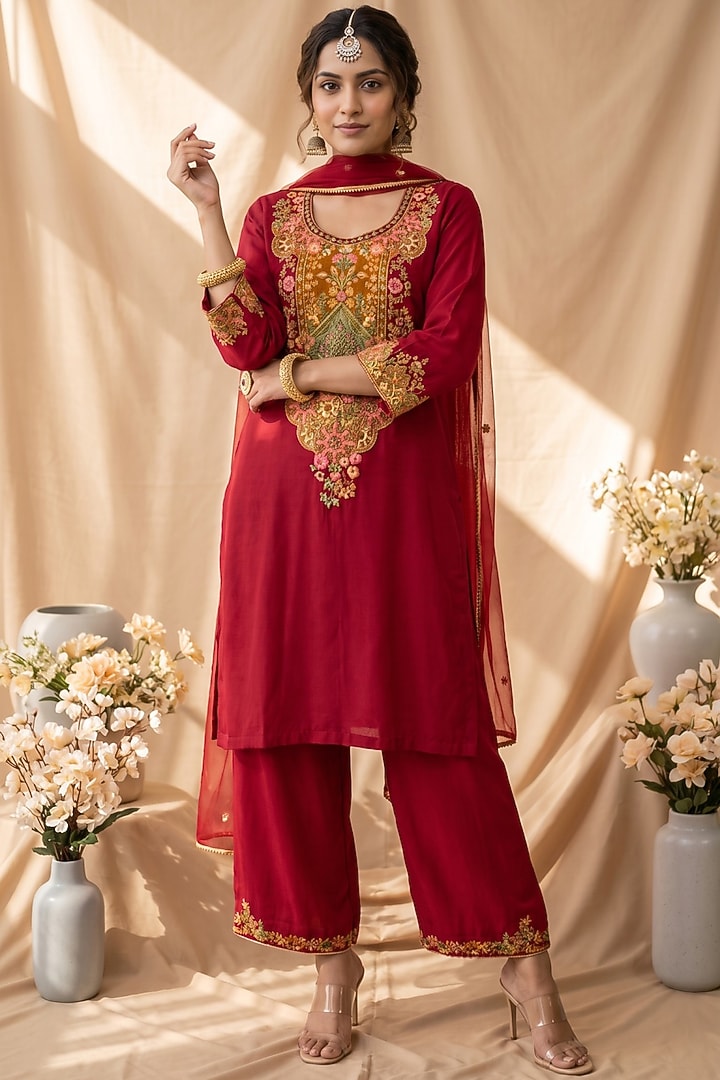 Red Chanderi Resham Embroidered Kurta Set by Mandira Wirk - Indian at Pernia's Pop Up Shop