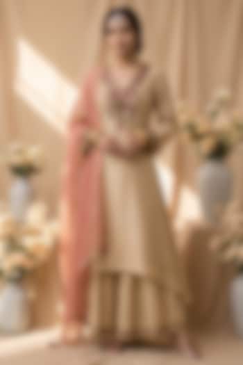 Beige Chanderi Resham Embroidered Kurta Set by Mandira Wirk - Indian at Pernia's Pop Up Shop