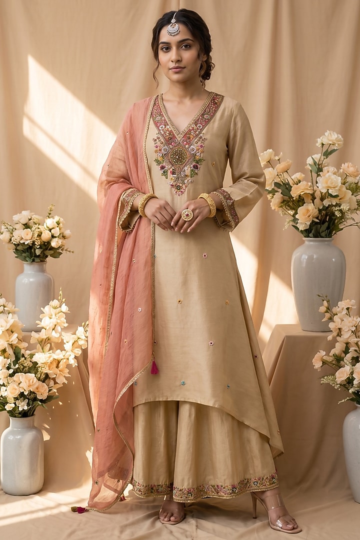 Beige Chanderi Resham Embroidered Kurta Set by Mandira Wirk - Indian at Pernia's Pop Up Shop