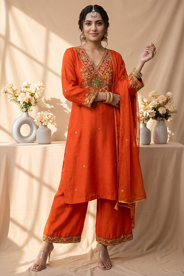 Burnt Orange Chanderi Resham Embroidered Kurta Set by Mandira Wirk - Indian at Pernia's Pop Up Shop