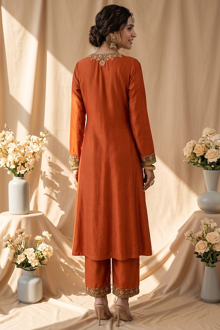 Burnt Orange Chanderi Resham Embroidered Kurta Set by Mandira Wirk - Indian at Pernia's Pop Up Shop