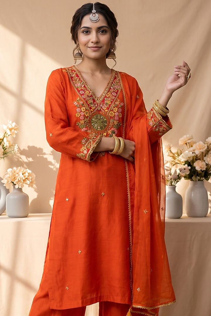 Burnt Orange Chanderi Resham Embroidered Kurta Set by Mandira Wirk - Indian at Pernia's Pop Up Shop