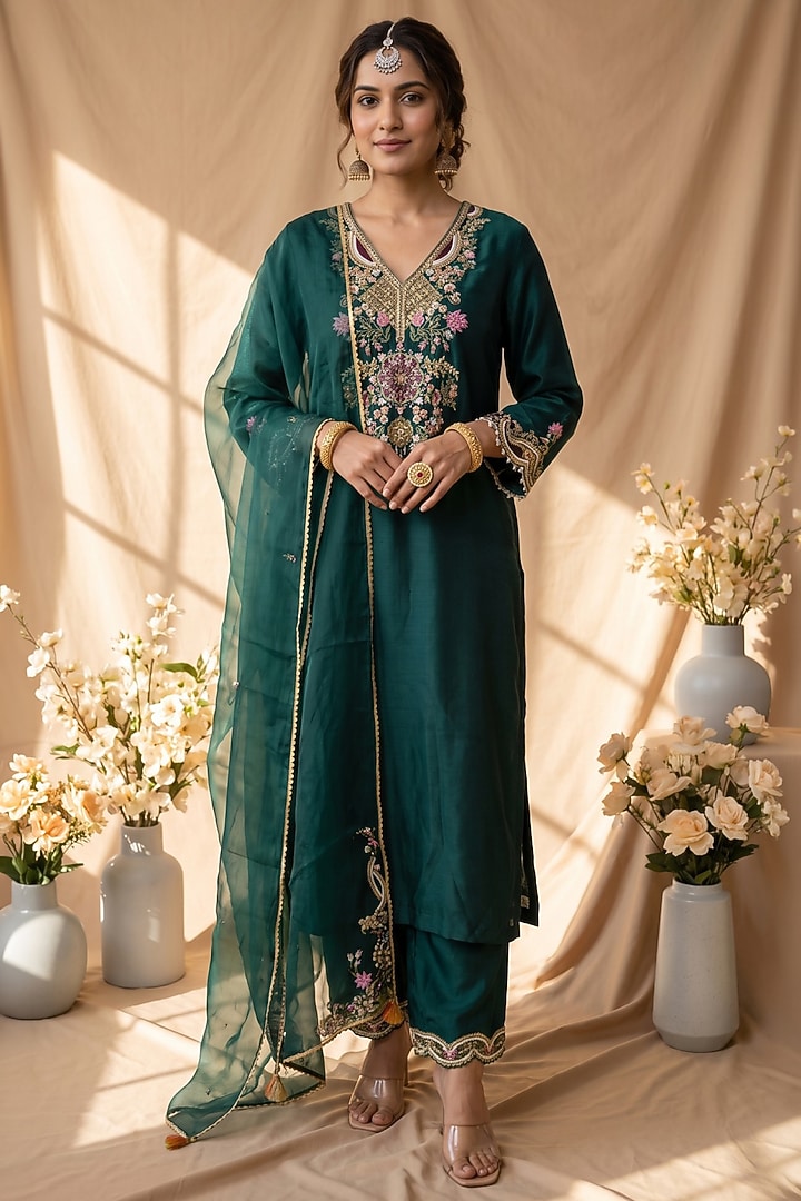 Emerald Green Chanderi Embroidered Kurta Set by Mandira Wirk - Indian at Pernia's Pop Up Shop