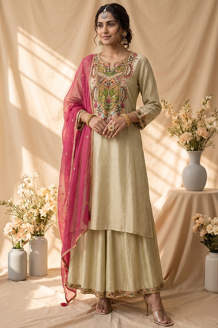 Sage Green Chanderi Resham Embroidered Kurta Set by Mandira Wirk - Indian at Pernia's Pop Up Shop
