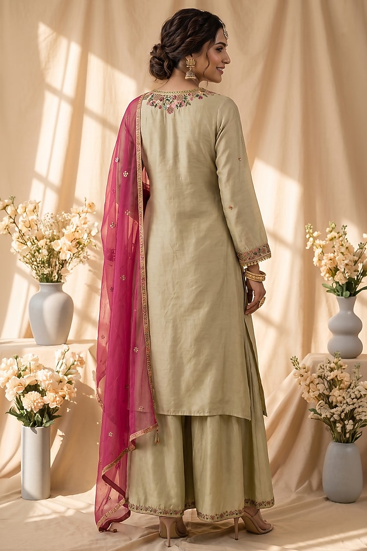 Sage Green Chanderi Resham Embroidered Kurta Set by Mandira Wirk - Indian at Pernia's Pop Up Shop