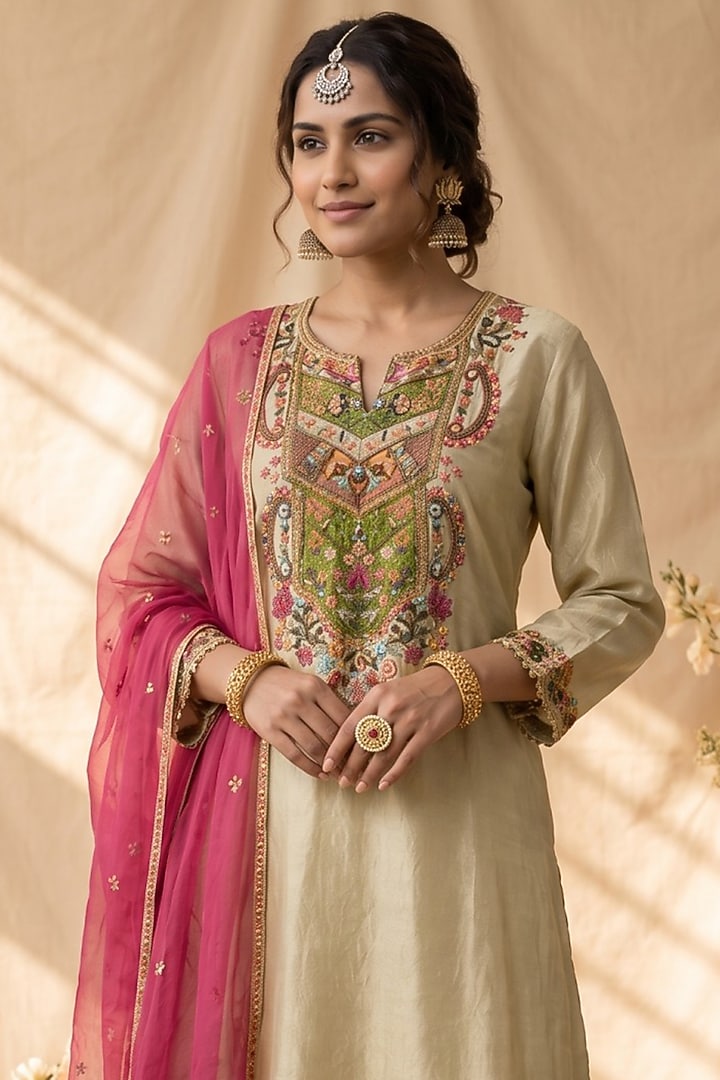 Sage Green Chanderi Resham Embroidered Kurta Set by Mandira Wirk - Indian at Pernia's Pop Up Shop