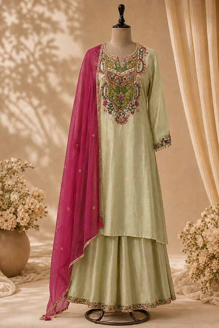 Sage Green Chanderi Resham Embroidered Kurta Set by Mandira Wirk - Indian at Pernia's Pop Up Shop