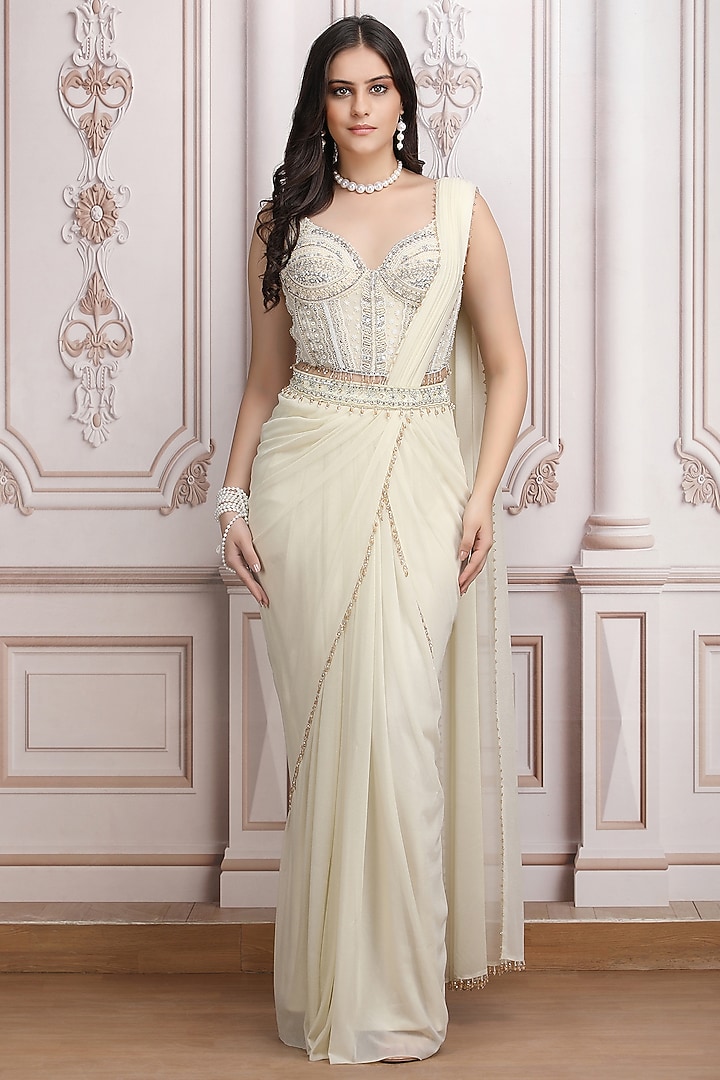 Ivory Shimmer jersey Draped Wedding Saree Set by Mandira Wirk - Indian at Pernia's Pop Up Shop
