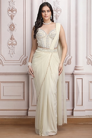 Ivory Shimmer jersey Draped Saree Set by Mandira Wirk - Indian