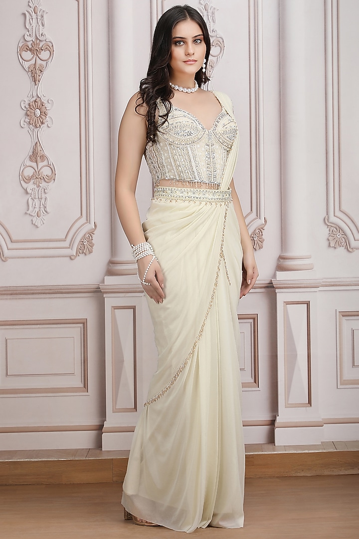 Ivory Shimmer jersey Draped Wedding Saree Set by Mandira Wirk - Indian at Pernia's Pop Up Shop