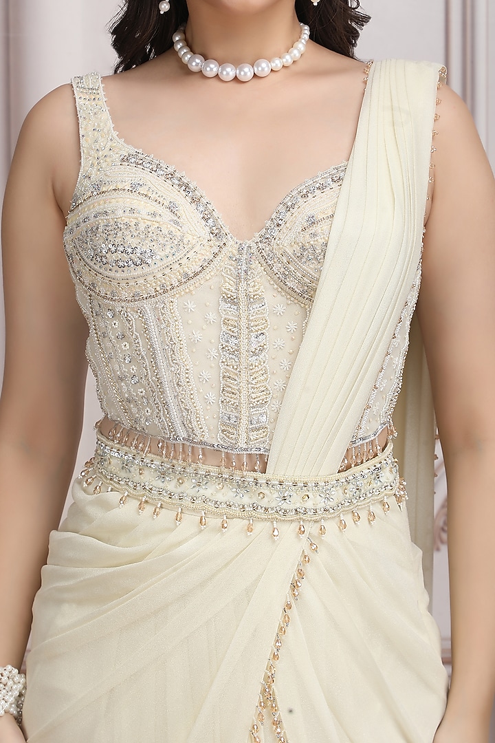 Ivory Shimmer jersey Draped Wedding Saree Set by Mandira Wirk - Indian at Pernia's Pop Up Shop