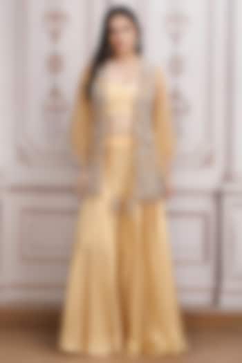 Golden Luxe Georgette Pearl Embroidered Sheer Jacket Set by Mandira Wirk - Indian at Pernia's Pop Up Shop