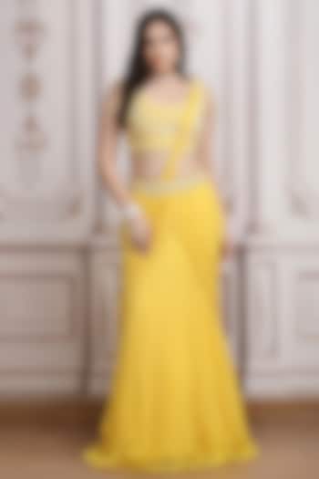 Yellow Chiffon Draped Wedding Saree Set by Mandira Wirk - Indian at Pernia's Pop Up Shop