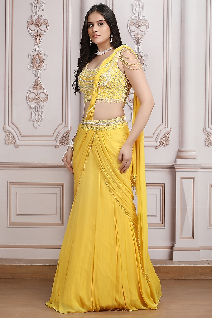 Yellow Chiffon Draped Wedding Saree Set by Mandira Wirk - Indian at Pernia's Pop Up Shop