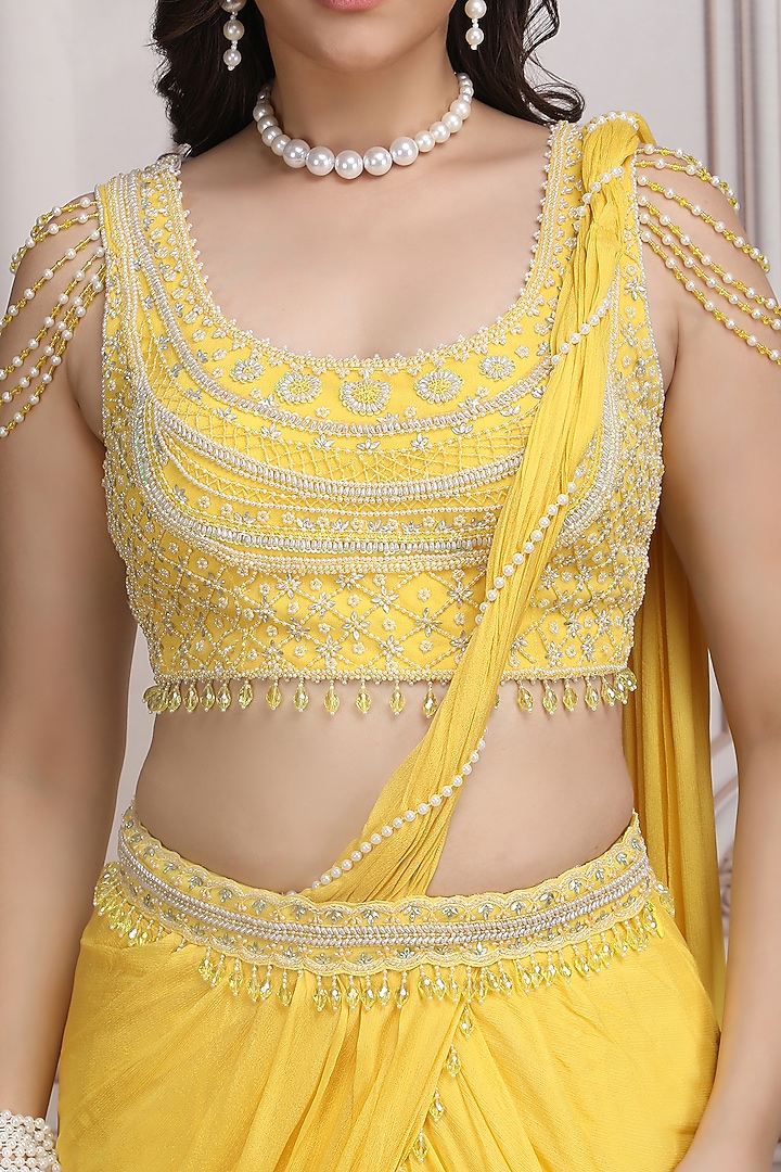 Yellow Chiffon Draped Wedding Saree Set by Mandira Wirk - Indian at Pernia's Pop Up Shop