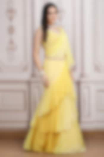 Soft Yellow Chiffon Ruffled Wedding Lehenga Saree Set by Mandira Wirk - Indian at Pernia's Pop Up Shop