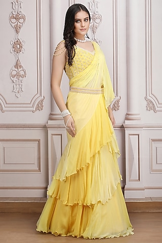 Soft Yellow Chiffon Ruffled Lehenga Saree Set by Mandira Wirk - Indian