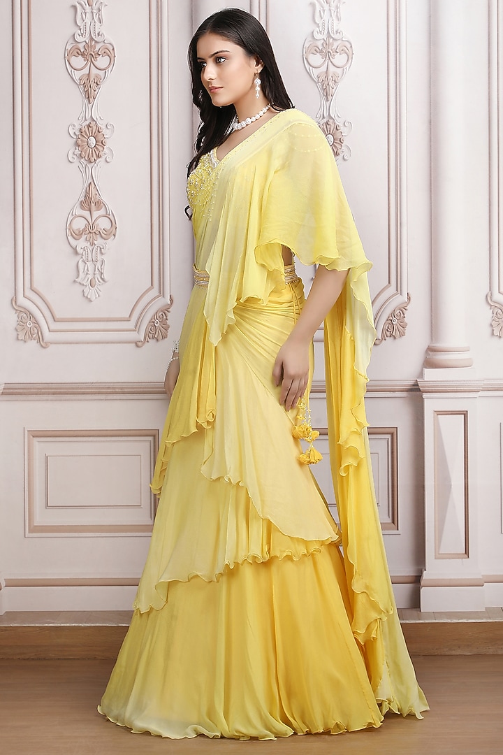 Soft Yellow Chiffon Ruffled Wedding Lehenga Saree Set by Mandira Wirk - Indian at Pernia's Pop Up Shop