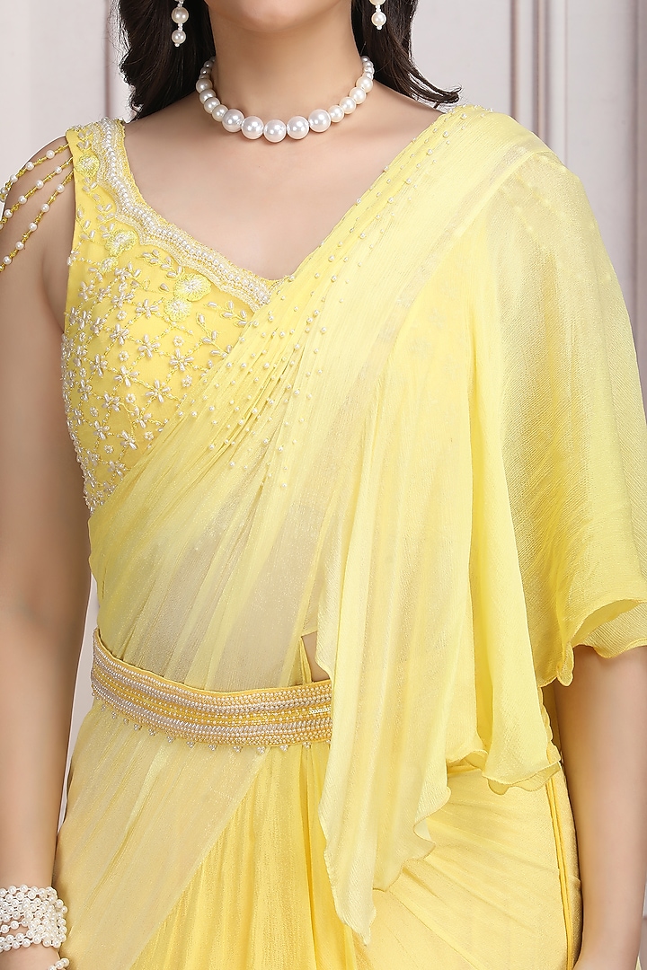 Soft Yellow Chiffon Ruffled Wedding Lehenga Saree Set by Mandira Wirk - Indian at Pernia's Pop Up Shop